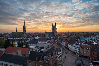 Sunset with Memorial Church and Saint Joseph Church, Spires